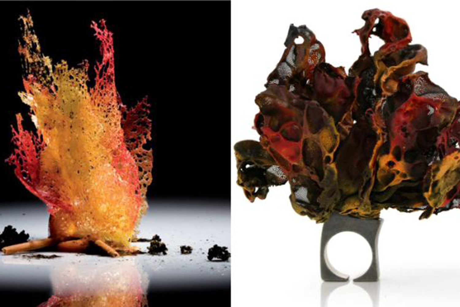 Fire – Ferran Adrià (ph. F.Guillamet - Food Art, Hampp Verlag GmbH, 2010) Ring Party – Rita Marcangelo, argento, seta bruciata, acrilici / silver, burnt silk, acrylic