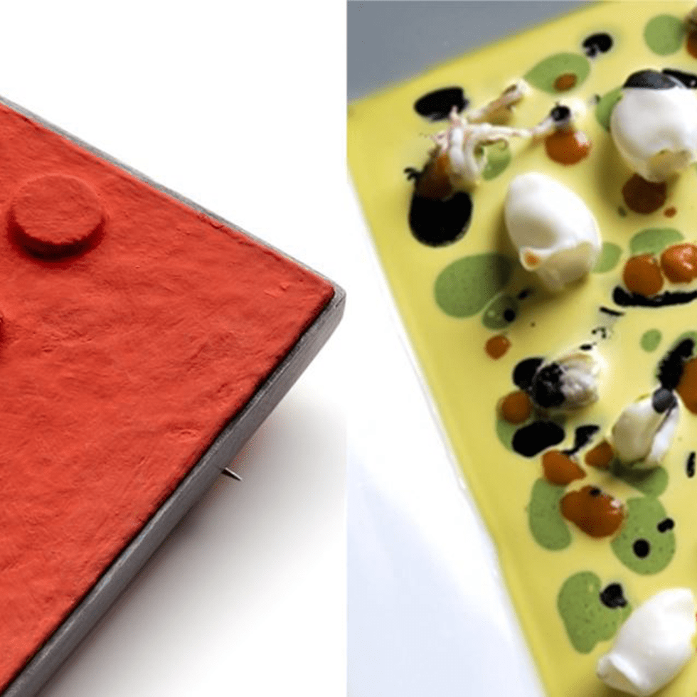 Corrado De Meo, spilla, acrilici, tecnica msta - Gualtiero Marchesi, dripping di pesce (ph. Fondazione GM)